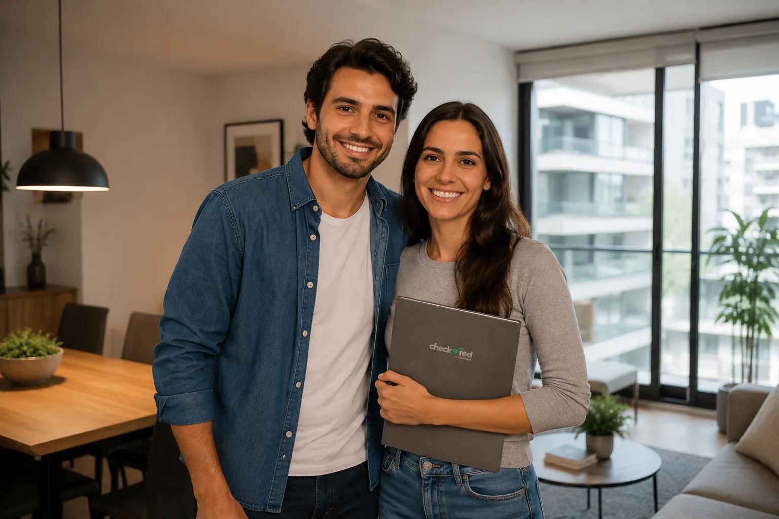 Una pareja de propietarios en su departamento, ella con la carpeta de Checkred en las manos