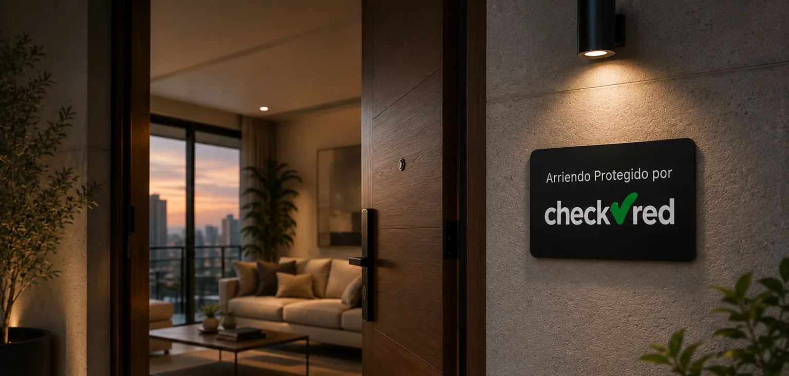 Puerta abierta de un departamento con una placa que dice Arriendo Protegido por Checkred, y el living al fondo